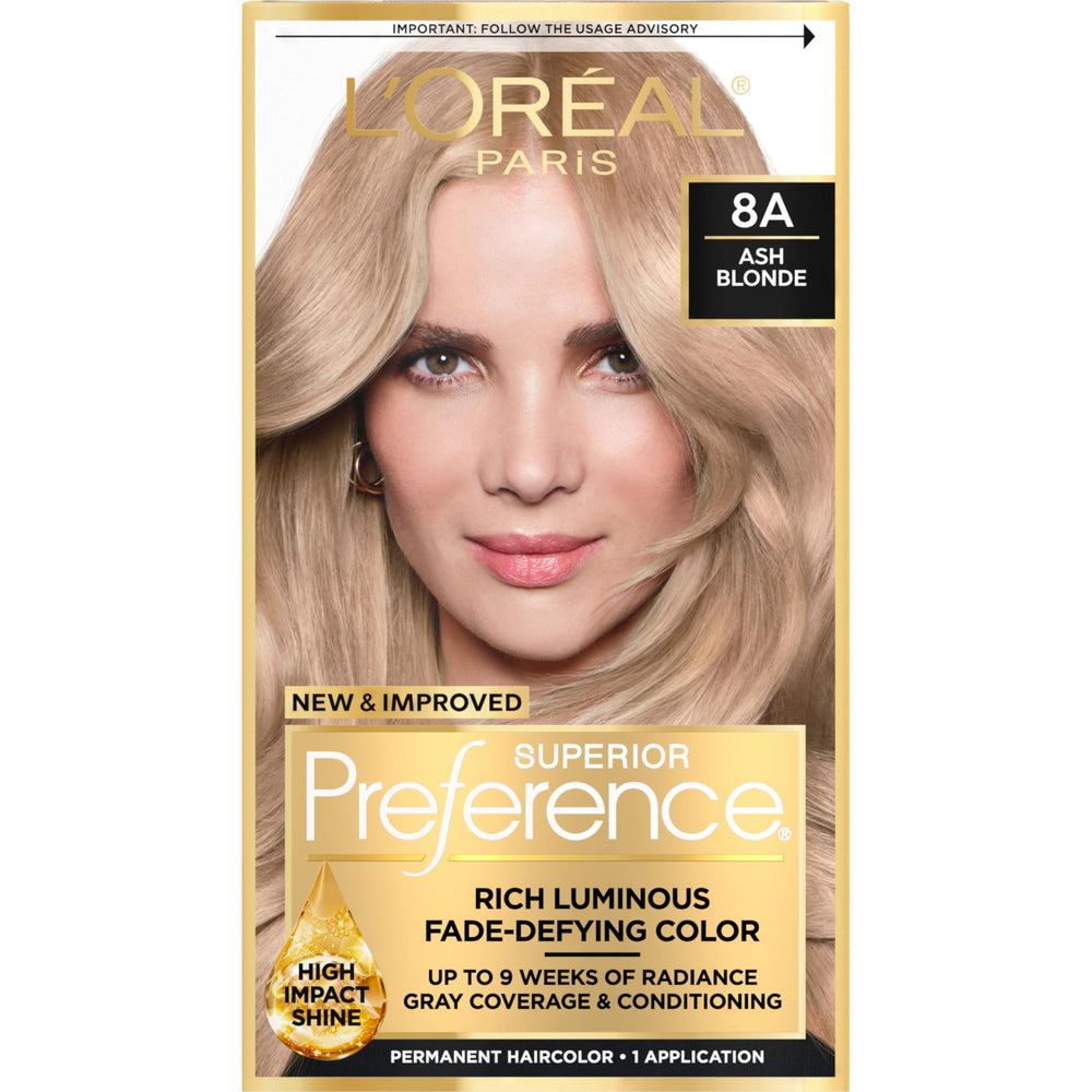 L'Oreal Paris Superior Preference ash blonde 8A bottle shows fade-defying shade and luminous shine.