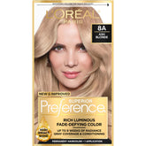 L'Oreal Paris Superior Preference ash blonde 8A bottle shows fade-defying shade and luminous shine.
