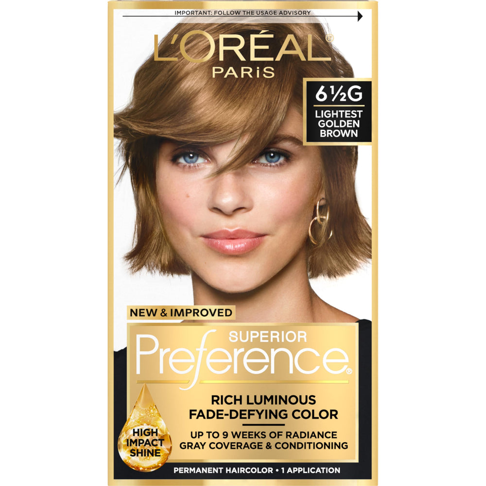 L'Oreal Paris Superior Preference box shows 6.5G light golden brown shade.