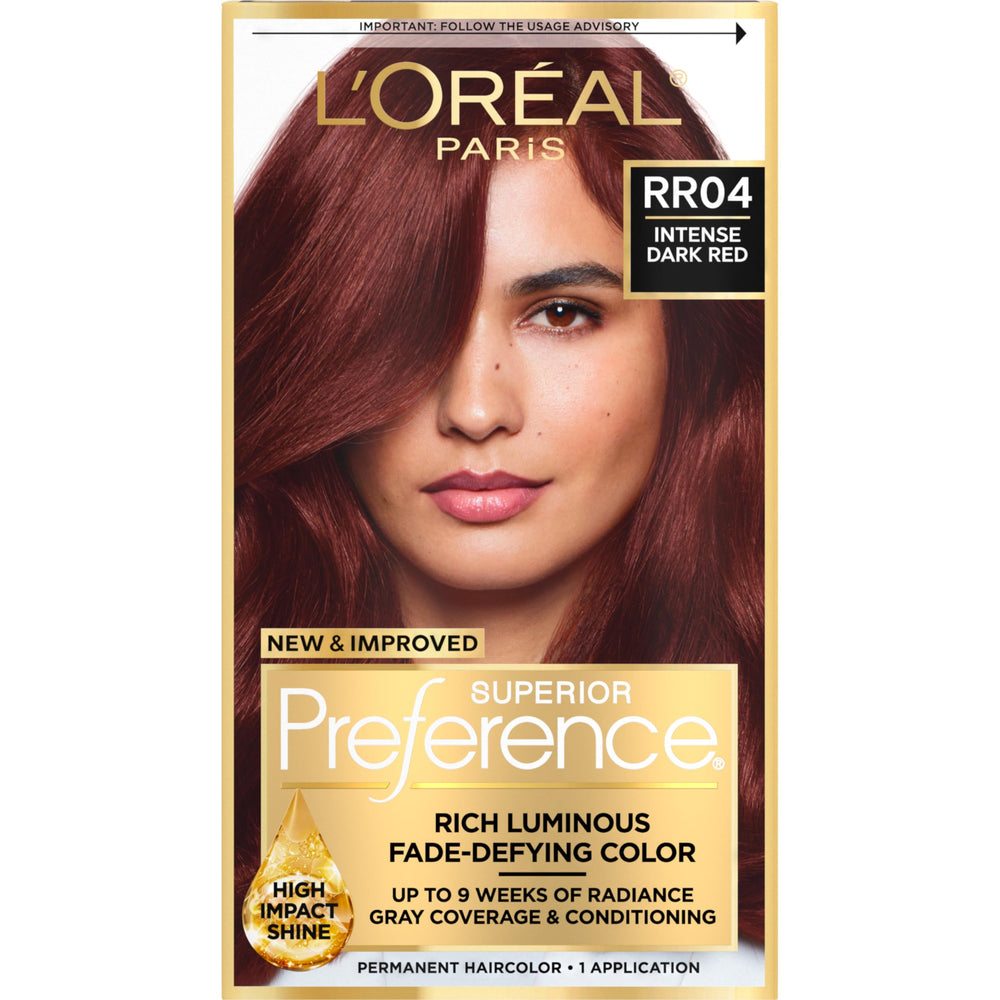 L'Oreal Paris Superior Preference RR-04 dye bottle with intense dark red shade for lasting color