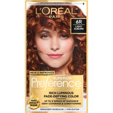 L'Oreal Paris Superior Preference Light Auburn 6R bottle shows vibrant color preparation