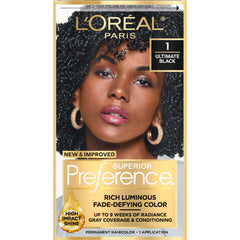 L'Oreal Paris Superior Preference Ultimate Black 1 color gel for precise, long-lasting shade.