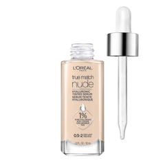 L'Oreal Paris True Match Nude Hyaluronic Serum en botella, hidratación suave y piel radiante.