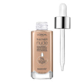 L'Oreal Paris True Match Nude Hyaluronic Serum, bote visible, hidratación ligera y acabado radiante.