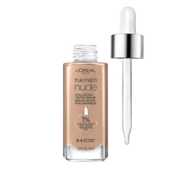 L'Oreal Paris True Match Nude Hyaluronic Serum, bote visible, hidratación ligera y acabado radiante.