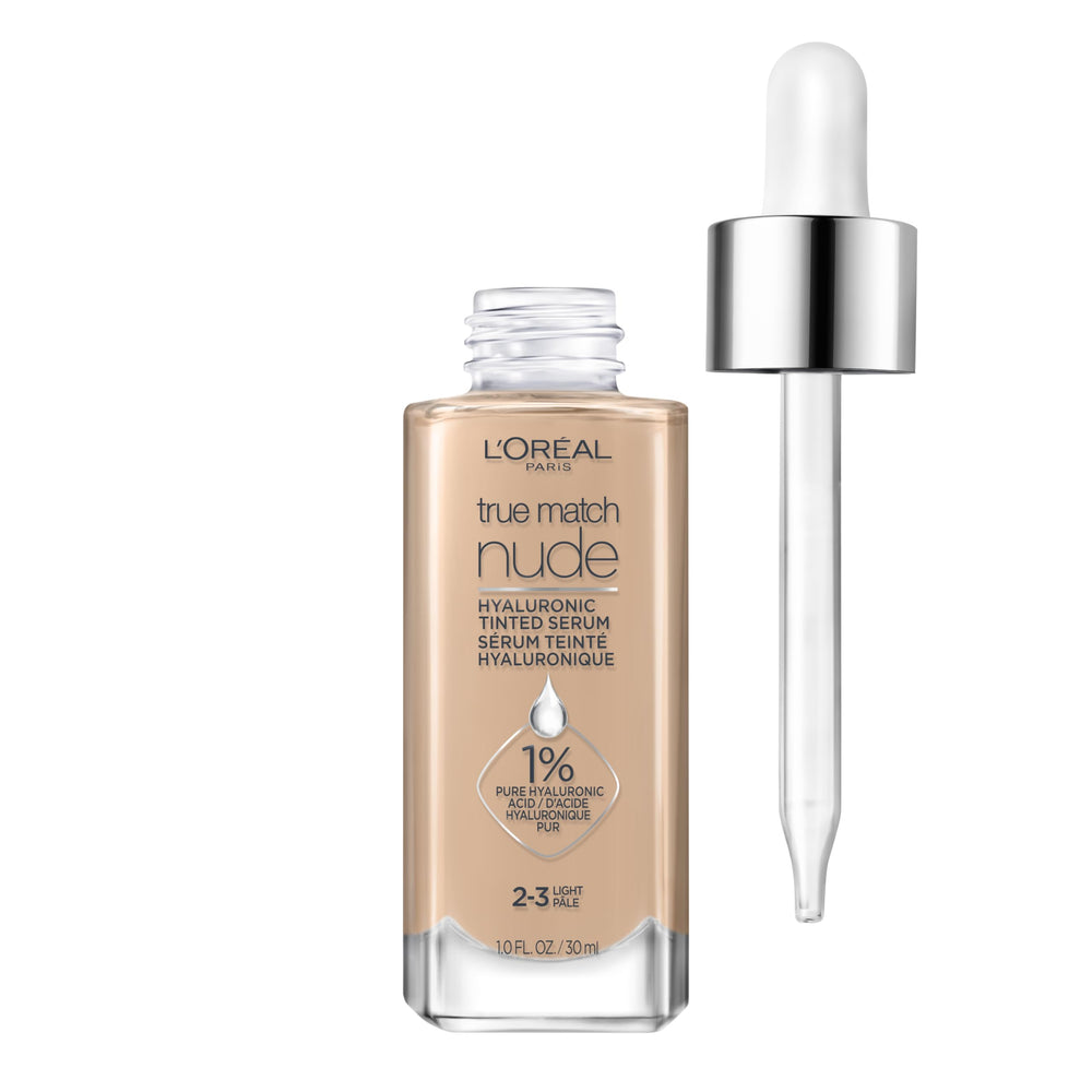 L'Oreal Paris True Match Nude Hyaluronic Serum: botella con hidratación ligera y brillo natural.