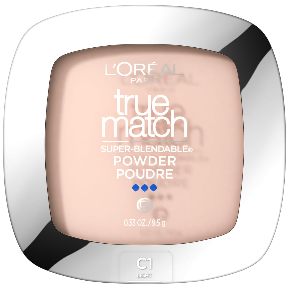 L'Oreal Paris True Match Powder compact close-up swatches for seamless shade match.