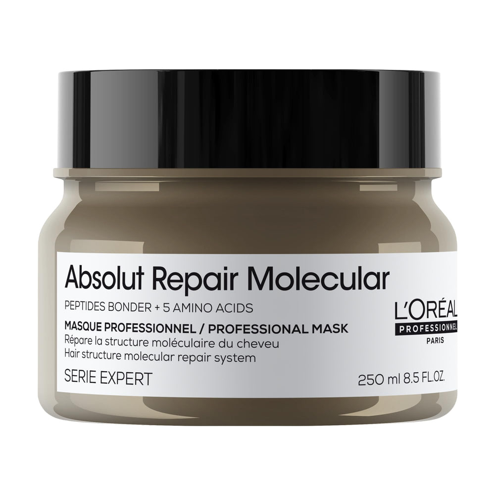 L’Oréal Professionnel Paris Absolut Repair Molecular Mask bottle closeup for deep hydration.