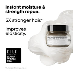 L’Oréal Professionnel Paris Absolut Repair Molecular Mask packaging emphasizes premium, color-safe care.