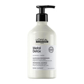 L'Oreal Professionnel Paris Metal Detox shampoo bottle shows metal removal for color-treated hair.