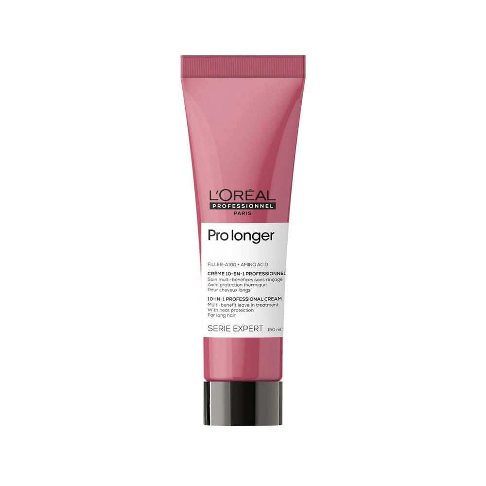 L’Oréal Professionnel Paris Pro Longer heat protectant cream bottle safeguards hair from heat while adding shine.