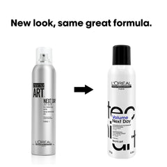 L’Oréal Professionnel Paris Volume Next Day hairspray in hands adding movement with soft texture.
