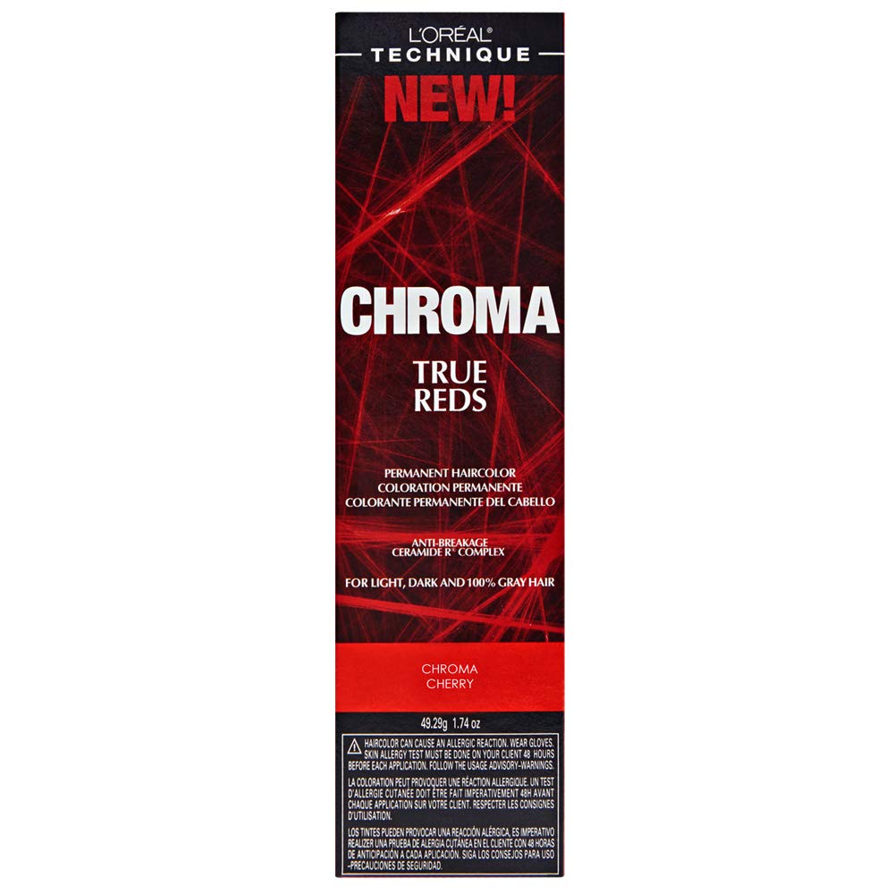 L'Oréal Technique Chroma True Reds bottle showing vibrant red shade for all hair bases and long-lasting color.
