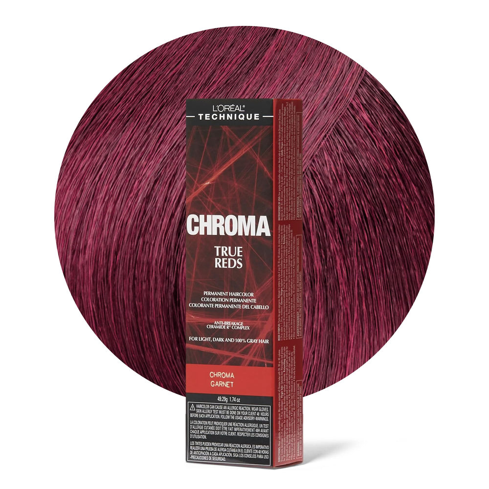 L'Oréal Technique Chroma True Reds Garnet bottle shows a bold red color option
