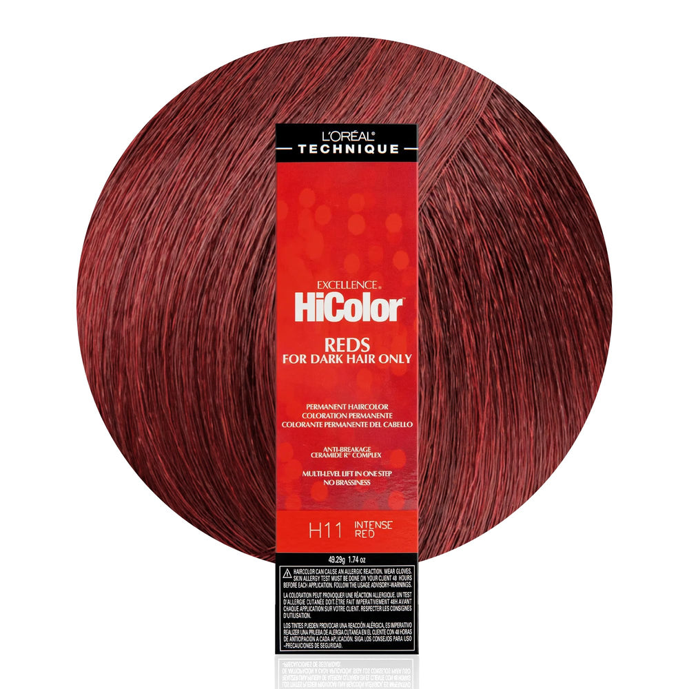 L'OREAL TECHNIQUE HiColor Reds pack shot shows vibrant red color with long-lasting fade resistance.