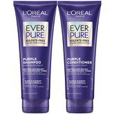 L’Oréal Paris EverPure shampoo tono violeta en botella, neutraliza brillos amarillos.