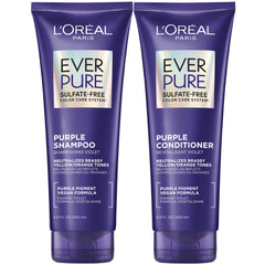 L’Oréal Paris EverPure shampoo tono violeta en botella, neutraliza brillos amarillos.