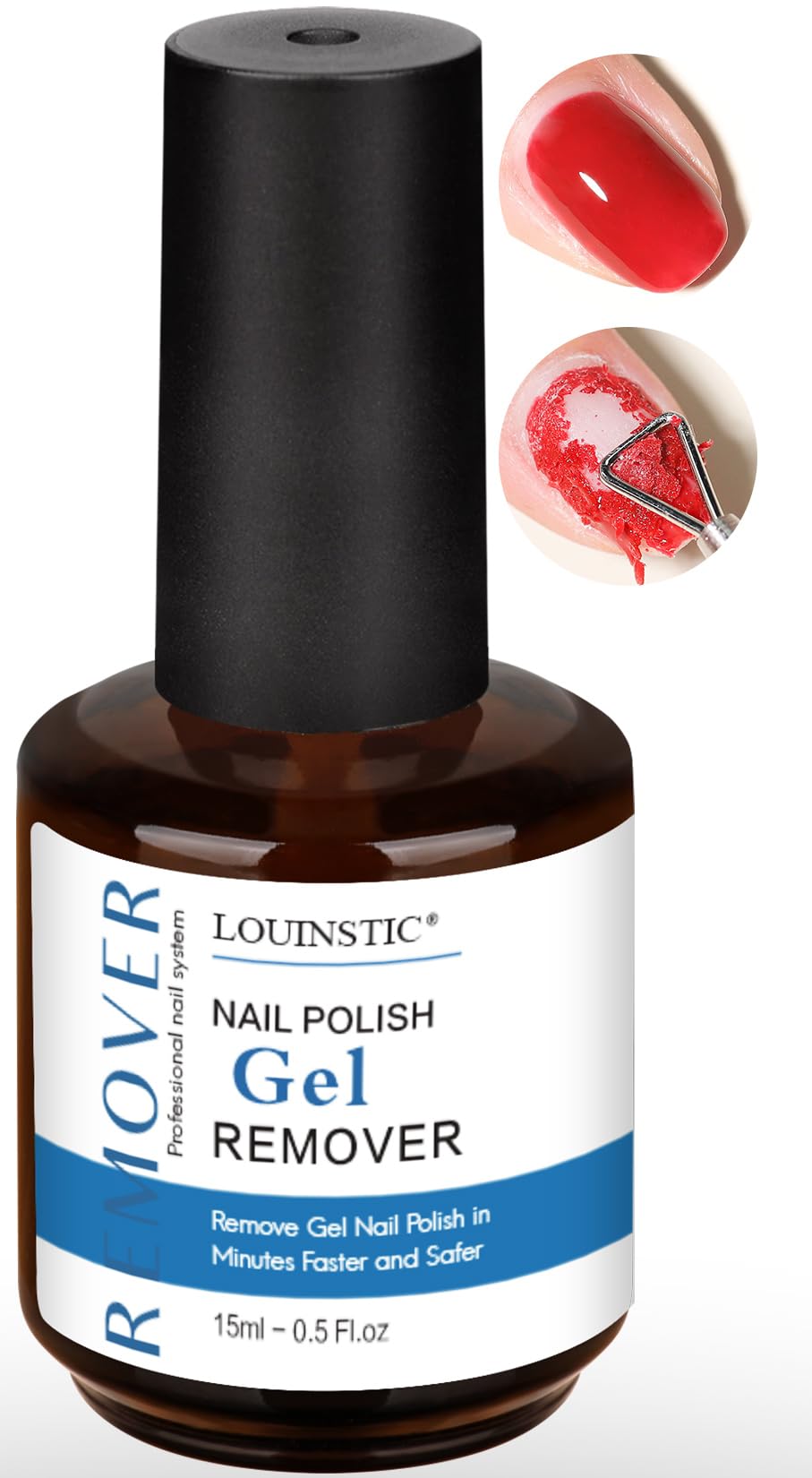 LOUINSTIC Gel Remover, botella 15 ml en primer plano, fácil manejo.