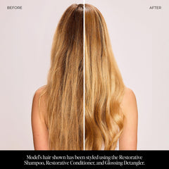 LolaVie Restorative Shampoo label closeup emphasizes key benefits and usage.
