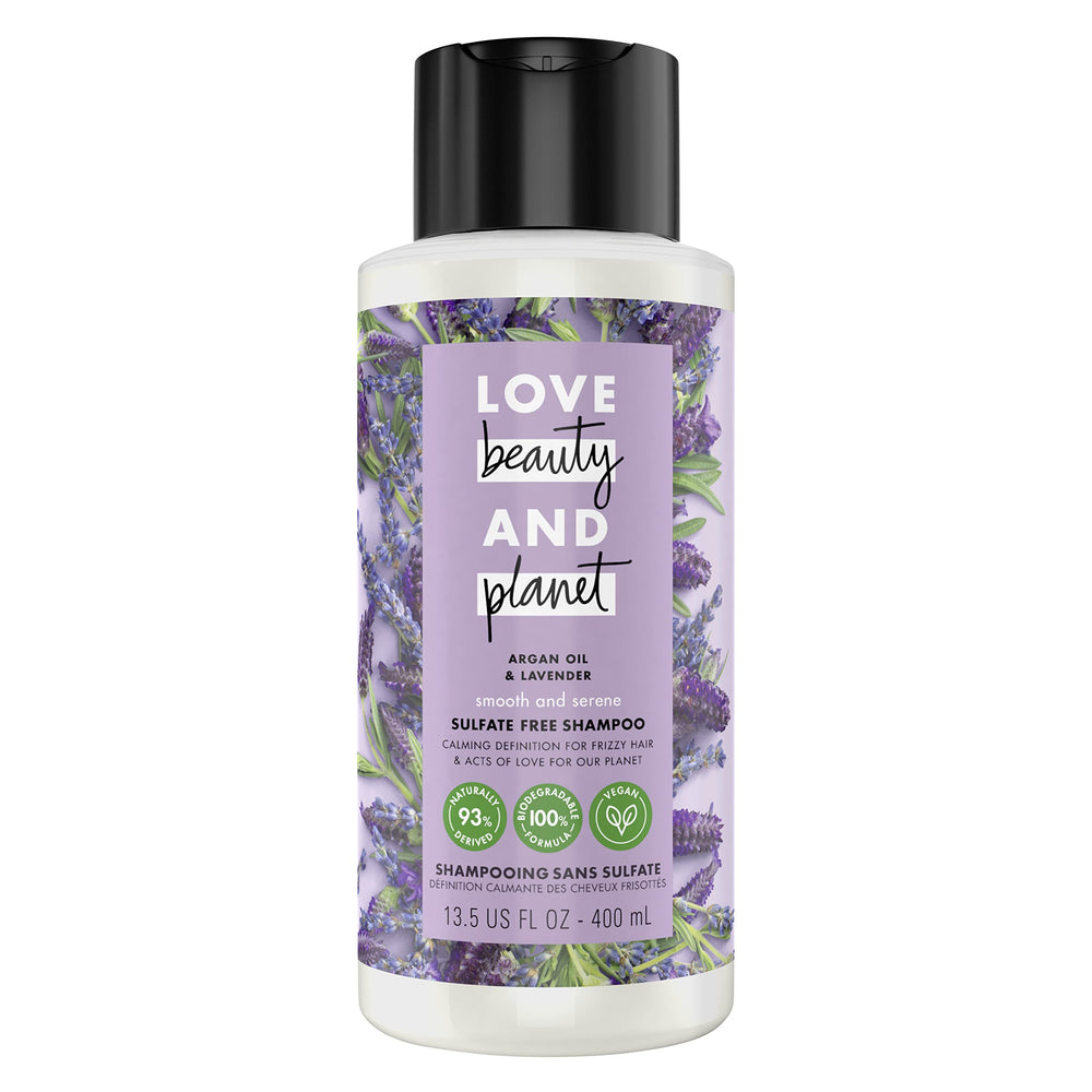 Love Beauty and Planet champú argán lavanda, vertido suave para cabello sedoso.