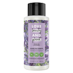 Love Beauty and Planet champú argán lavanda, vertido suave para cabello sedoso.