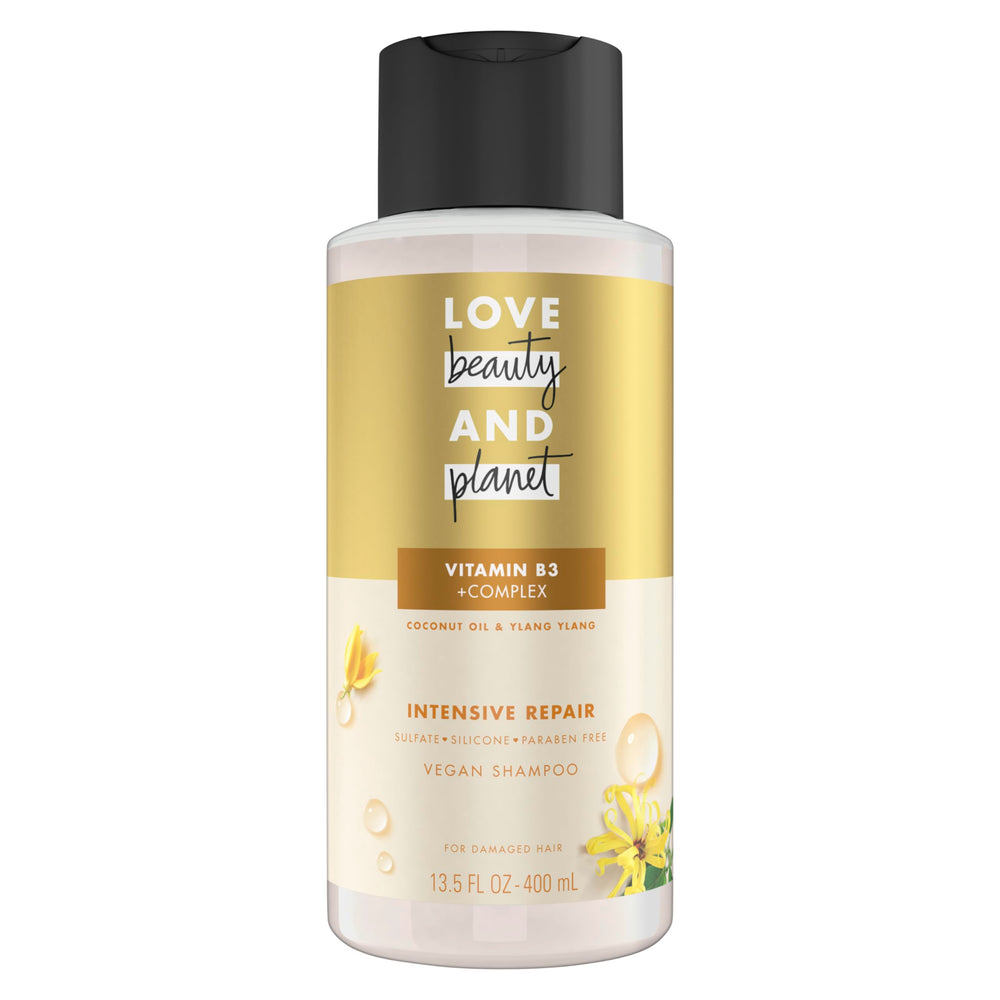 Love Beauty and Planet Intensive Repair Shampoo bottle with sulfate-free formula for damaged hair.
