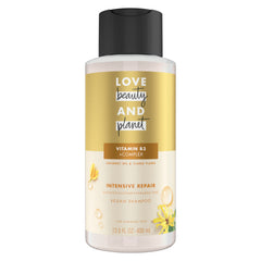 Love Beauty and Planet Intensive Repair Shampoo bottle with sulfate-free formula for damaged hair.