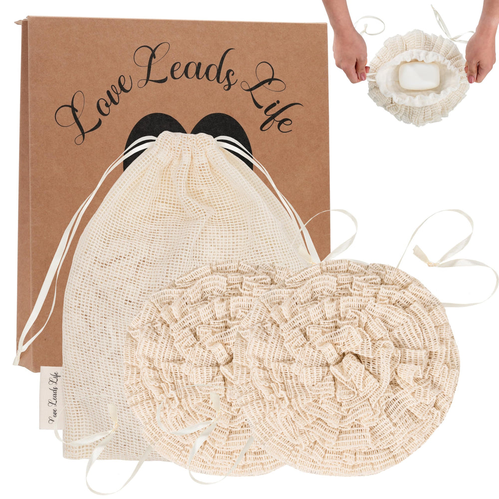 Love Leads Life Poofah bamboo washcloth close-up for gentle cleansing