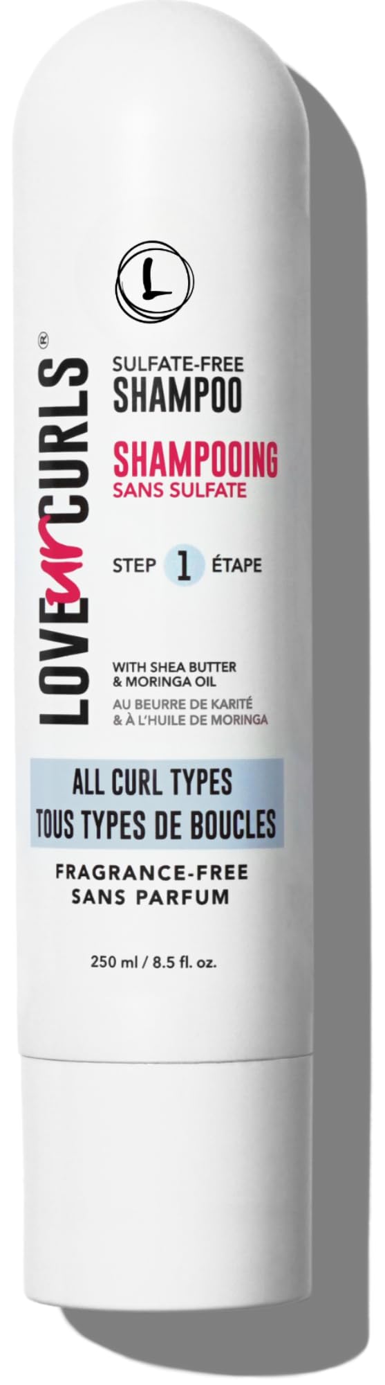 Love Ur Curls champú sin fragancia en botella de 250 ml limpia suavemente sin resecar.