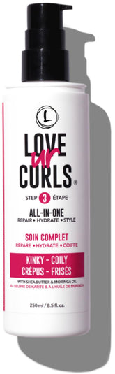 Love Ur Curls Kinky Coily All-in-One Curl Cream Styler bottle close-up, creamy texture for easy styling.