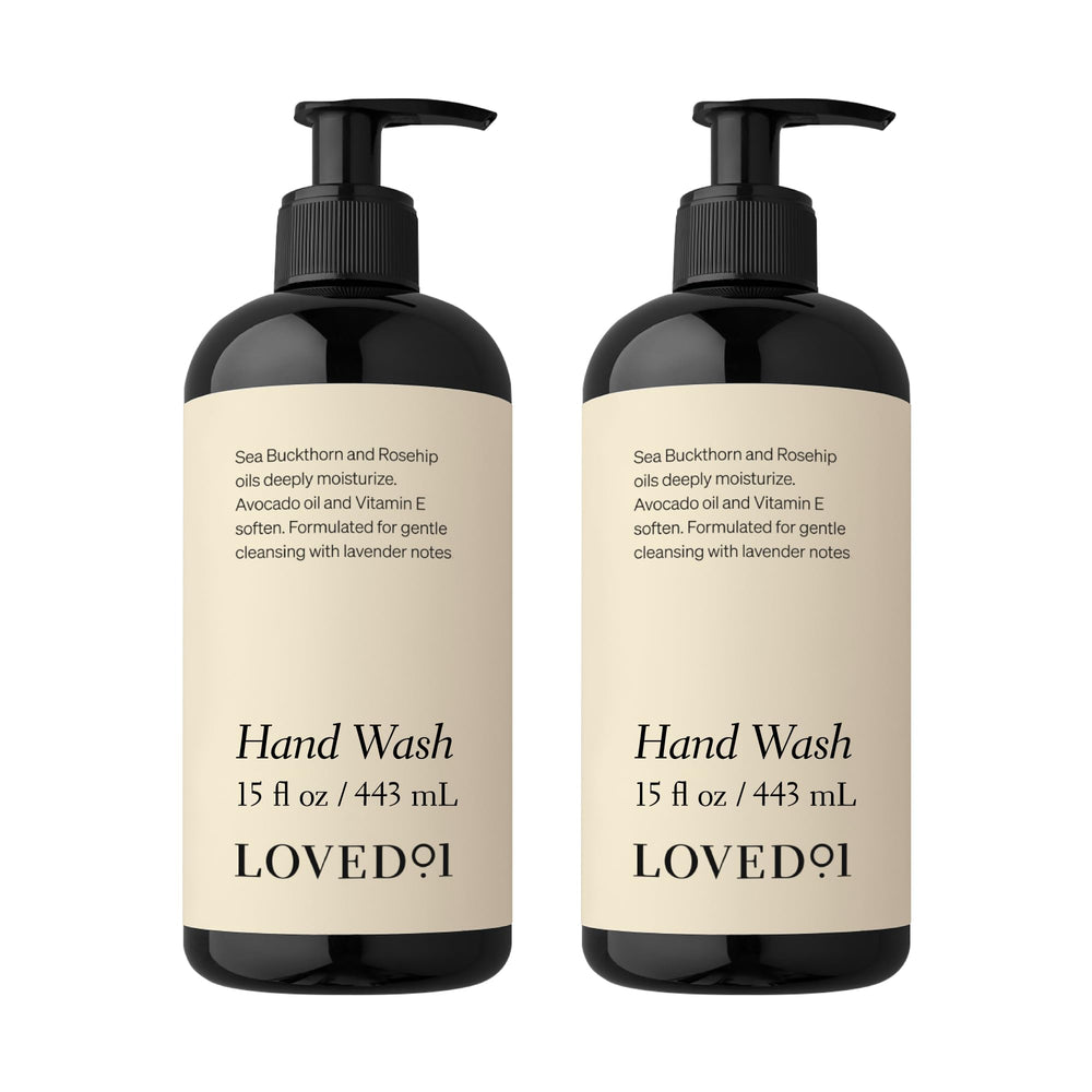Loved01 Hand Wash bottle front view with lavender scent and hydrating formula.