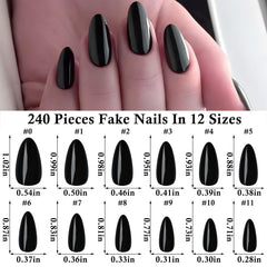 LoveOurHome almond press-on nails medium black close-up with glossy finish.