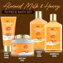 LOVERY almond milk honey body care set close-up highlighting skin nourishment and moisture