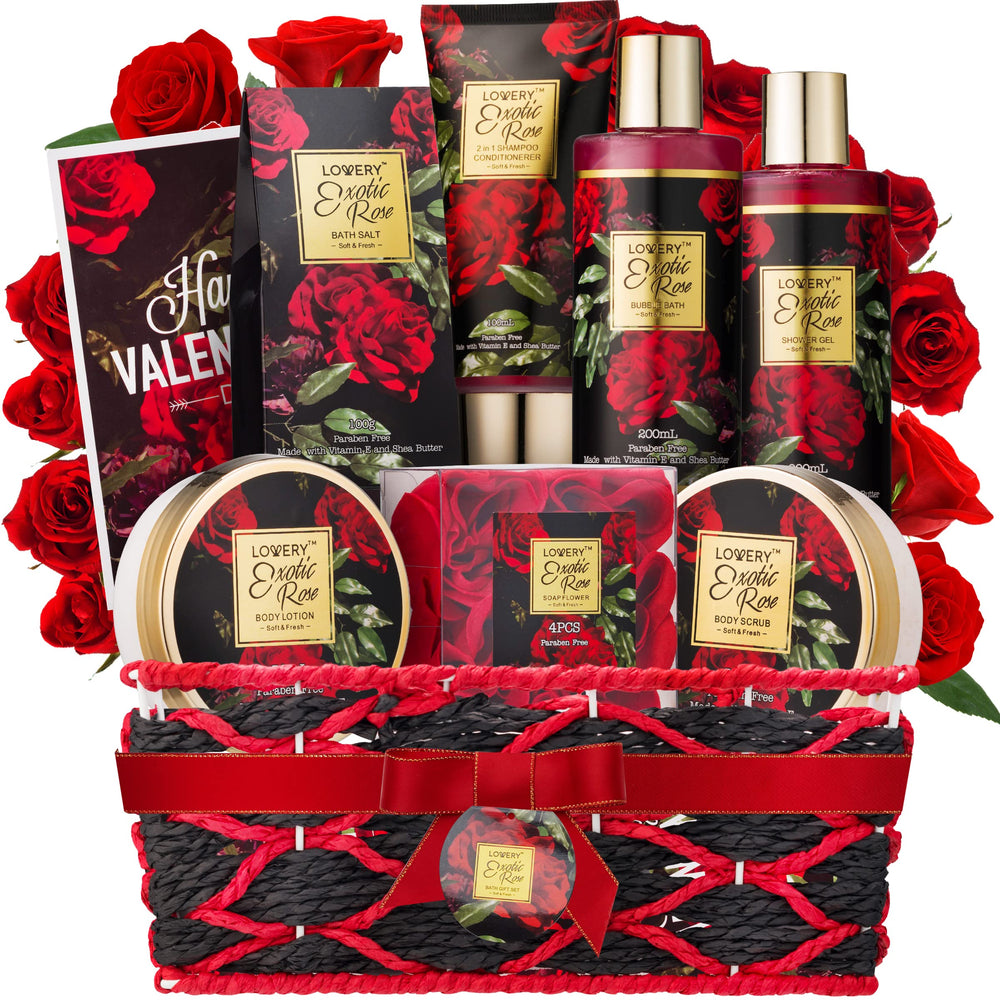 Lovery Valentine gift basket with rose accents for a romantic at-home spa