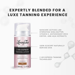 Loving Tan packaging and 3.3 oz bottle for travel or home use.
