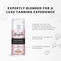 Loving Tan 2 Hr Express ingredients close-up shows vegan, lightweight hydration benefits.