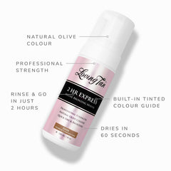 Loving Tan 2 HR Express mousse with applicator mitt ensures smooth, even coverage.
