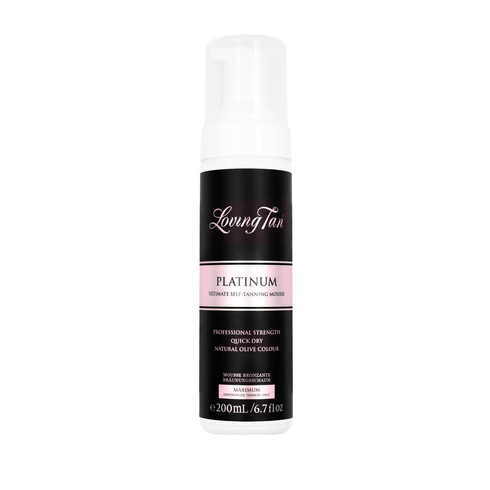 Loving Tan Platinum Mousse Dark packaging highlights professional, long-lasting results.