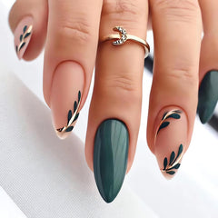 LPOODDNU almond press-on nails with dark green leaf design for stylish DIY manicure.