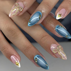 LPOODDNU almond-shape press-on nails with French tip in blue for quick chic upgrades.