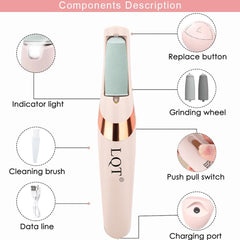 LQT electric foot file shows roller heads for customized callus care