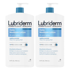 Lubriderm Daily Moisture Lotion bottle front with Pro-Ceramide for hydrated skin