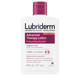 Lubriderm Terapia Avanzada Sin Fragancia, botella visible; hidratación profunda para piel sensible.