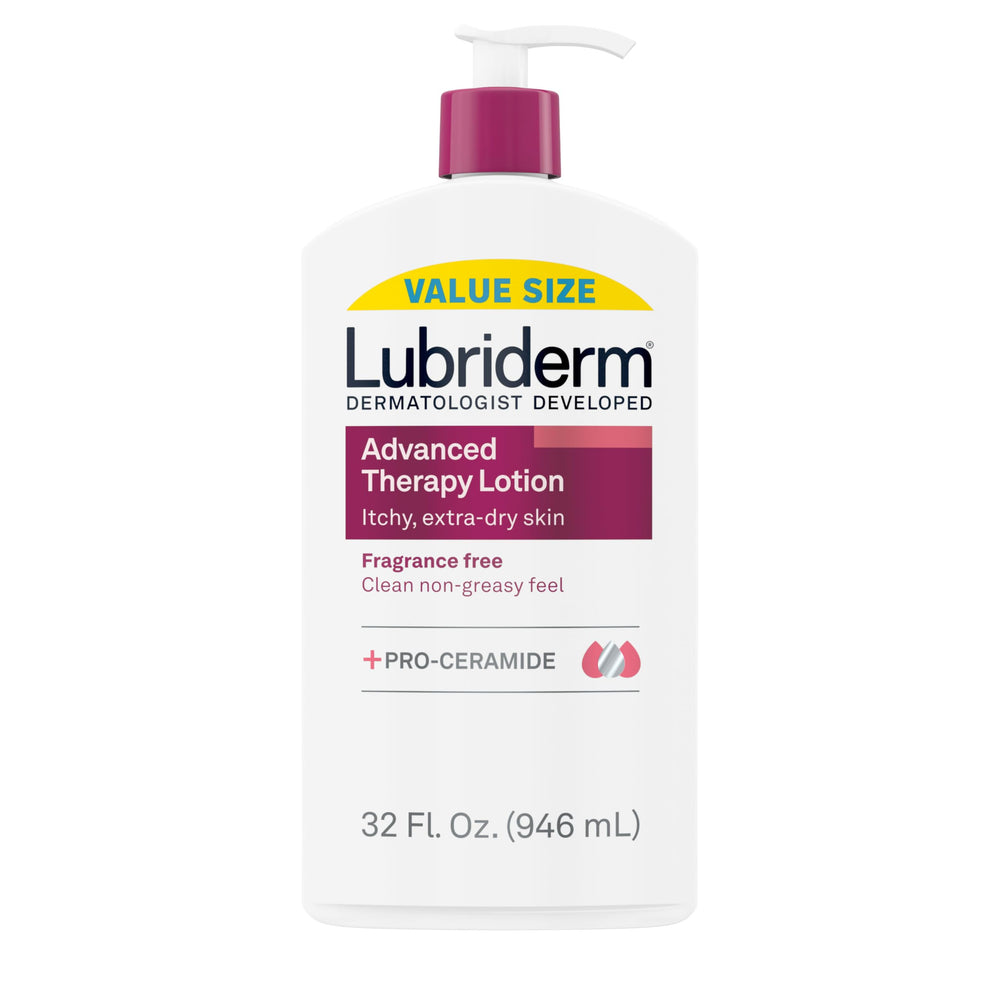 Lubriderm Terapia Avanzada sin fragancia, botella 32 onzas, uso diario en piel sensible.