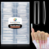 Luckyfairy extra-long square nail tips with no C-curve for comfortable extensions.