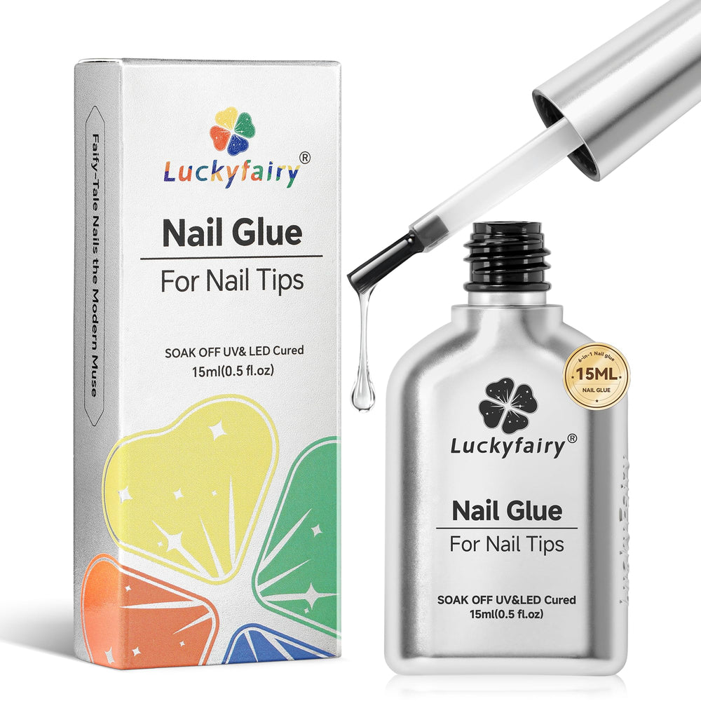 Luckyfairy super strong nail glue bottle with 15ml capacity for long-lasting DIY nails.