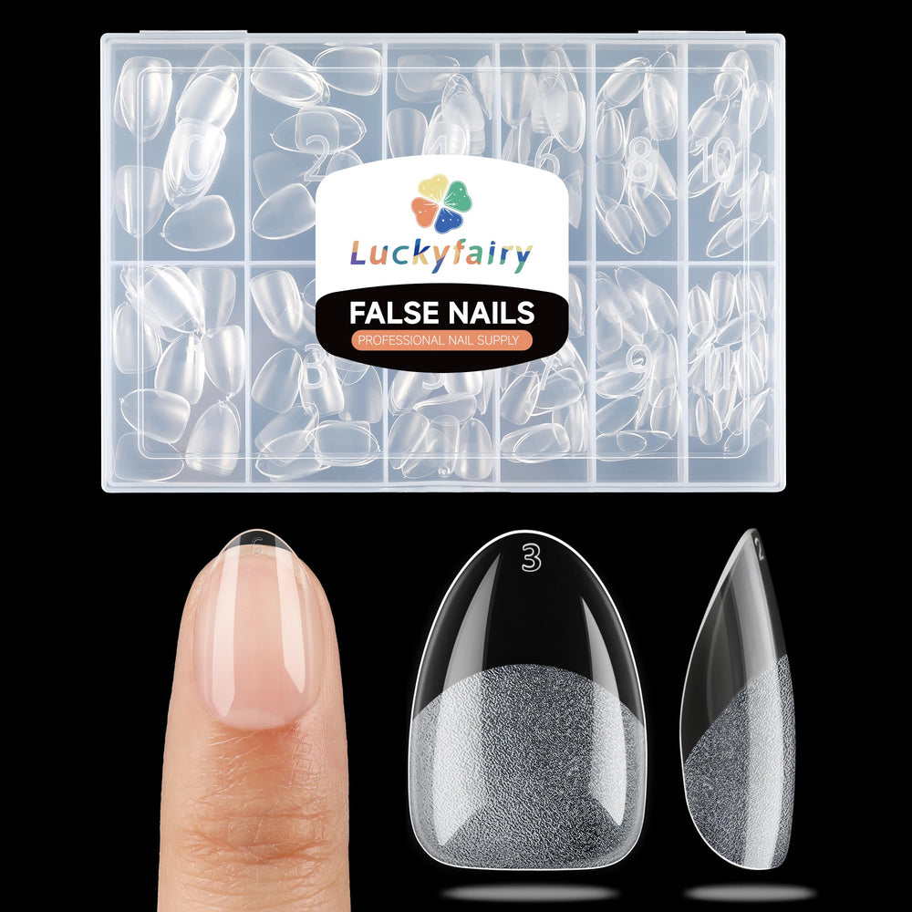 Luckyfairy packaging for 240pcs extra short almond tips, neatly organized for easy selection.