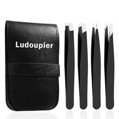 LUDOUPIER 4-piece tweezers set with travel case for portable precision.