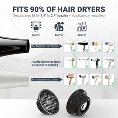 Ludvento diffuser demonstrates compatibility with Dyson/Shark/Conair dryers for easy setup.