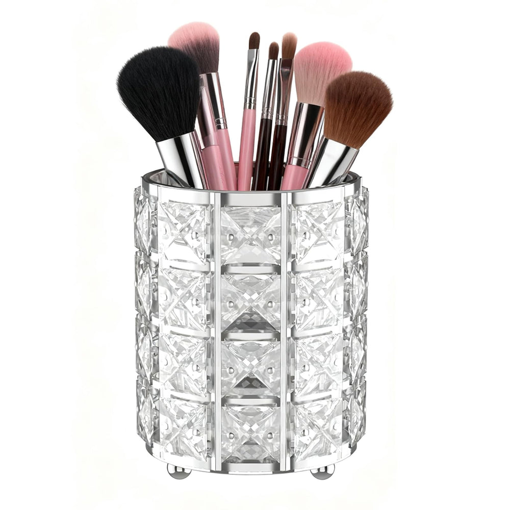 LUGUNU makeup brush holder with silver crystal bling keeps vanity organized.